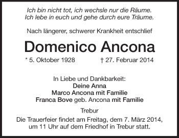 Traueranzeige von Domenico Ancona von Rüsselsheimer Echo, Groß-Gerauer-Echo, Ried Echo