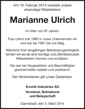 Traueranzeige von Marianne Ulrich von Echo-Zeitungen (Gesamtausgabe)