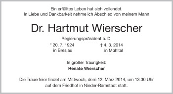 Traueranzeige von Hartmut Wierscher von Echo-Zeitungen (Gesamtausgabe)