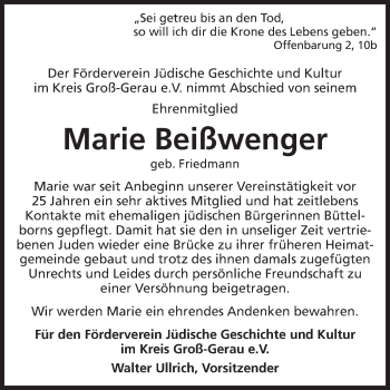 Traueranzeige von Marie Beißwenger von Rüsselsheimer Echo, Groß-Gerauer-Echo, Ried Echo