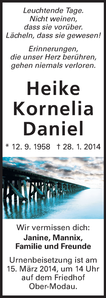 Traueranzeige von Heike Kornelia Daniel von Echo-Zeitungen (Gesamtausgabe)