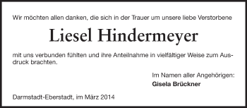 Traueranzeige von Liesel Hindermeyer von Echo-Zeitungen (Gesamtausgabe)