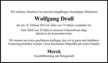 Traueranzeige von Wolfgang Droll von Echo-Zeitungen (Gesamtausgabe)