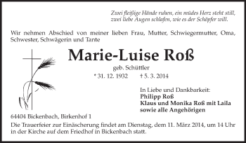Traueranzeige von Marie-Luise Roß von Echo-Zeitungen (Gesamtausgabe)