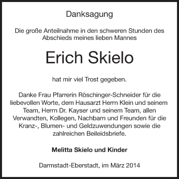 Traueranzeige von Erich Skielo von Echo-Zeitungen (Gesamtausgabe)