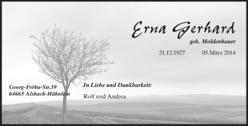 Traueranzeige von Erna Gerhard von Echo-Zeitungen (Gesamtausgabe)