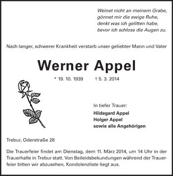 Traueranzeige von Werner Appel von Rüsselsheimer Echo, Groß-Gerauer-Echo, Ried Echo