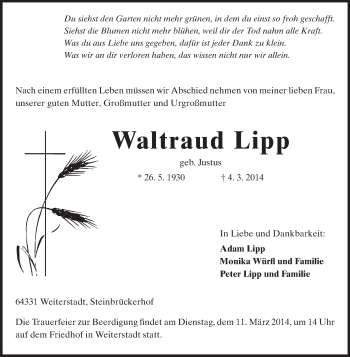 Traueranzeige von Waltraud Lipp von Echo-Zeitungen (Gesamtausgabe)