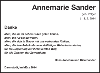Traueranzeige von Annemarie Sander von Echo-Zeitungen (Gesamtausgabe)