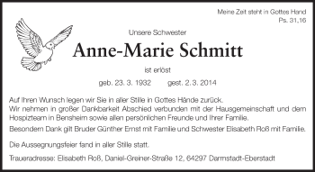 Traueranzeige von Anne-Marie Schmitt von Echo-Zeitungen (Gesamtausgabe)