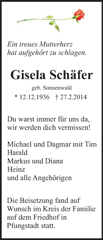 Traueranzeige von Gisela Schäfer von Echo-Zeitungen (Gesamtausgabe)