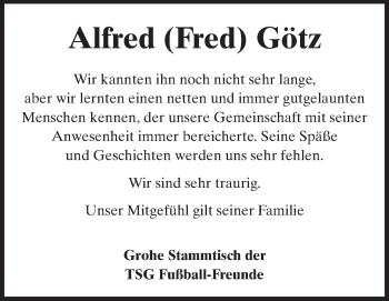 Traueranzeige von Alfred Götz von Echo-Zeitungen (Gesamtausgabe)