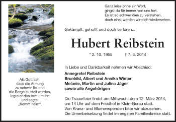 Traueranzeige von Hubert Reibstein von Rüsselsheimer Echo, Groß-Gerauer-Echo, Ried Echo