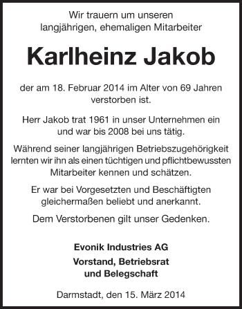 Traueranzeige von Karlheinz Jakob von Echo-Zeitungen (Gesamtausgabe)