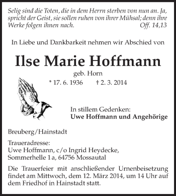 Traueranzeige von Ilse Marie Hoffmann von Odenwälder Echo