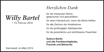 Traueranzeige von Willy Bartel von Echo-Zeitungen (Gesamtausgabe)