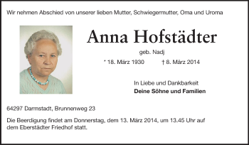 Traueranzeige von Anna Hofstädter von Echo-Zeitungen (Gesamtausgabe)
