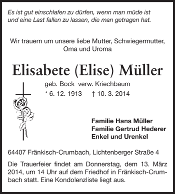 Traueranzeige von Elisabete Müller von Odenwälder Echo