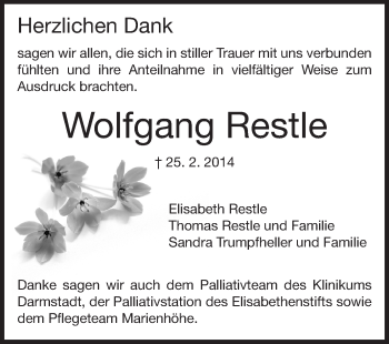 Traueranzeige von Wolfgang Restle von Echo-Zeitungen (Gesamtausgabe)