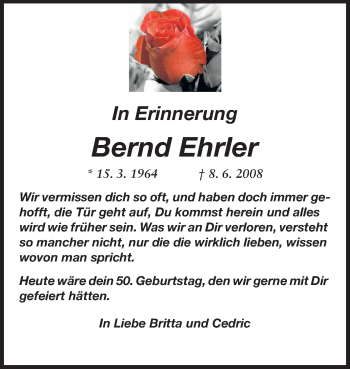 Traueranzeige von Bernd  Ehrler von Rüsselsheimer Echo, Groß-Gerauer-Echo, Ried Echo