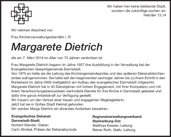 Traueranzeige von Margarete Dietrich von Echo-Zeitungen (Gesamtausgabe)