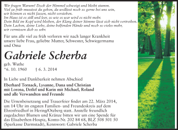 Traueranzeige von Gabriele Scherba von Odenwälder Echo