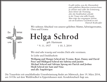 Traueranzeige von Helga Schrod von Echo-Zeitungen (Gesamtausgabe)