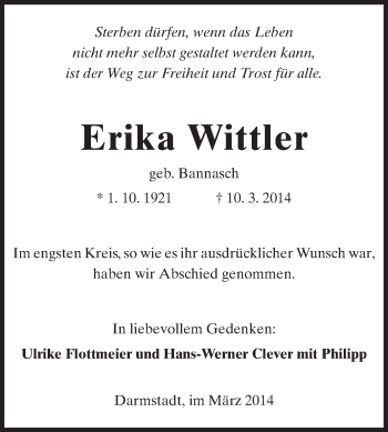 Traueranzeige von Erika Wittler von Darmstädter Echo, Odenwälder Echo, Rüsselsheimer Echo, Groß-Gerauer-Echo, Ried Echo