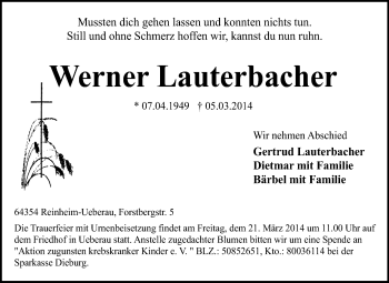 Traueranzeige von Werner Lauterbacher von Darmstädter Echo, Odenwälder Echo, Rüsselsheimer Echo, Groß-Gerauer-Echo, Ried Echo