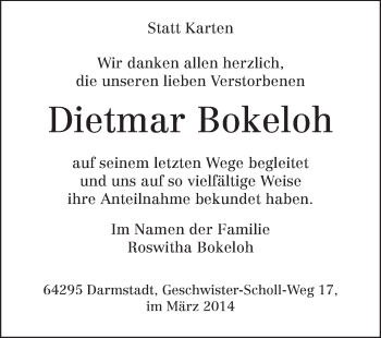 Traueranzeige von Dietmar Bokeloh von Echo-Zeitungen (Gesamtausgabe)