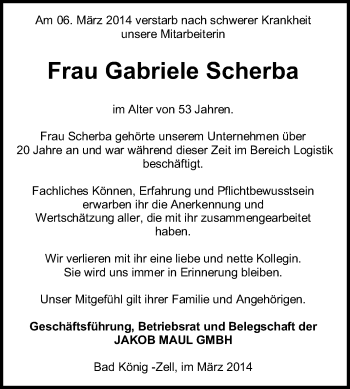 Traueranzeige von Gabriele Scherba von Odenwälder Echo