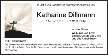 Traueranzeige von Katharine Dillmann von Echo-Zeitungen (Gesamtausgabe)