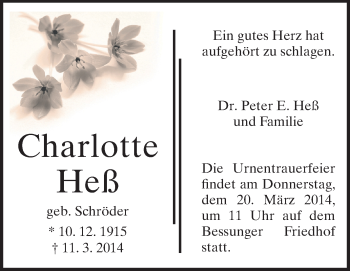 Traueranzeige von Charlotte Heß von Echo-Zeitungen (Gesamtausgabe)