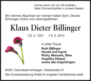 Traueranzeige von Klaus Dieter Billinger von Echo-Zeitungen (Gesamtausgabe)