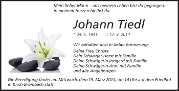 Traueranzeige von Johann Tiedl von Odenwälder Echo