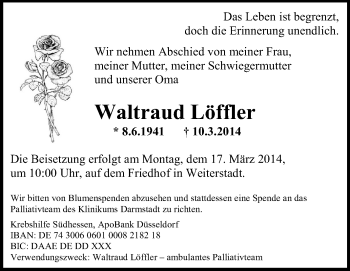 Traueranzeige von Waltraud Löffler von Echo-Zeitungen (Gesamtausgabe)