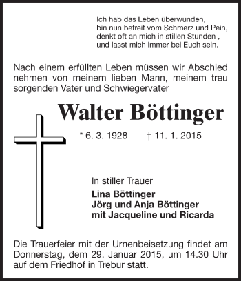 Traueranzeige von Walter Böttinger von Rüsselsheimer Echo, Groß-Gerauer-Echo, Ried Echo
