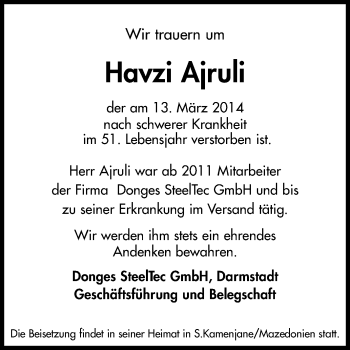 Traueranzeige von Havzi Ajruli von Echo-Zeitungen (Gesamtausgabe)