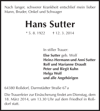 Traueranzeige von Hans Sutter von Echo-Zeitungen (Gesamtausgabe)