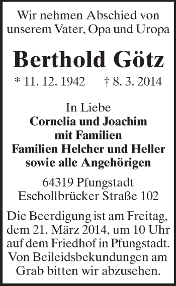 Traueranzeige von Berthold Götz von Echo-Zeitungen (Gesamtausgabe)