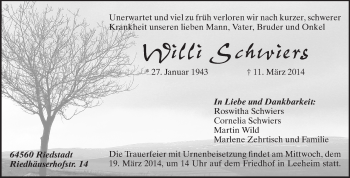 Traueranzeige von Willi Schwiers von Rüsselsheimer Echo, Groß-Gerauer-Echo, Ried Echo