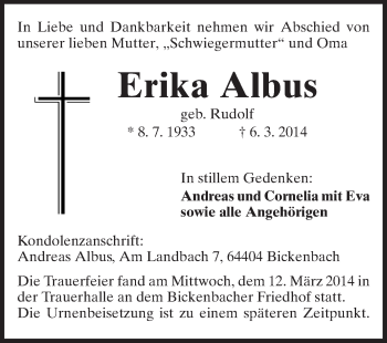 Traueranzeige von Erika Albus von Echo-Zeitungen (Gesamtausgabe)