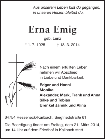 Traueranzeige von Erna Emig von Odenwälder Echo