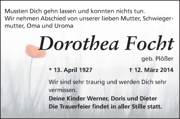 Traueranzeige von Dorothea Focht von Echo-Zeitungen (Gesamtausgabe)