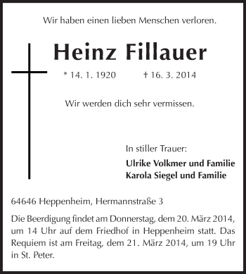Traueranzeige von Heinz Fillauer von Starkenburger Echo