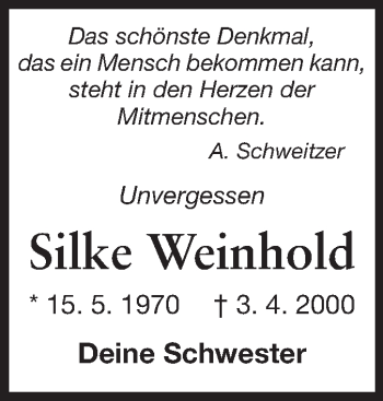 Traueranzeige von Silke Weinhold von Darmstädter Echo, Odenwälder Echo, Rüsselsheimer Echo, Groß-Gerauer-Echo, Ried Echo