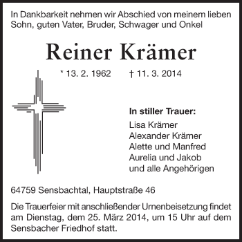 Traueranzeige von Reiner Krämer von Odenwälder Echo