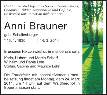 Traueranzeige von Anni Brauner von Echo-Zeitungen (Gesamtausgabe)