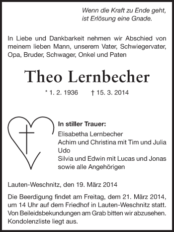 Traueranzeige von Theo Lernbecher von Starkenburger Echo