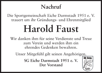 Traueranzeige von Harold Faust von Echo-Zeitungen (Gesamtausgabe)
